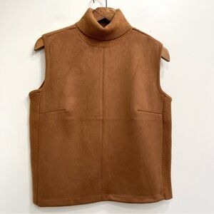 Ann Taylor Faux Suede Mixed Media Turtleneck Sweater Sleeveless Ribbed Brown LG